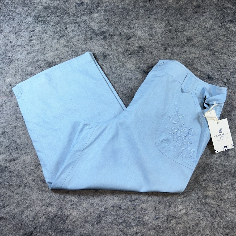New Caribbean Joe Capris Women's 14 Blue Embroidered Floral Pockets Linen Bland